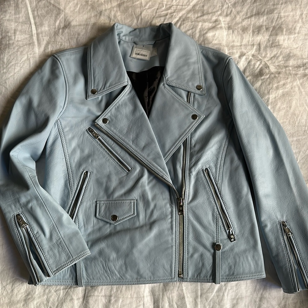 Viavia light blue leather moto jacket